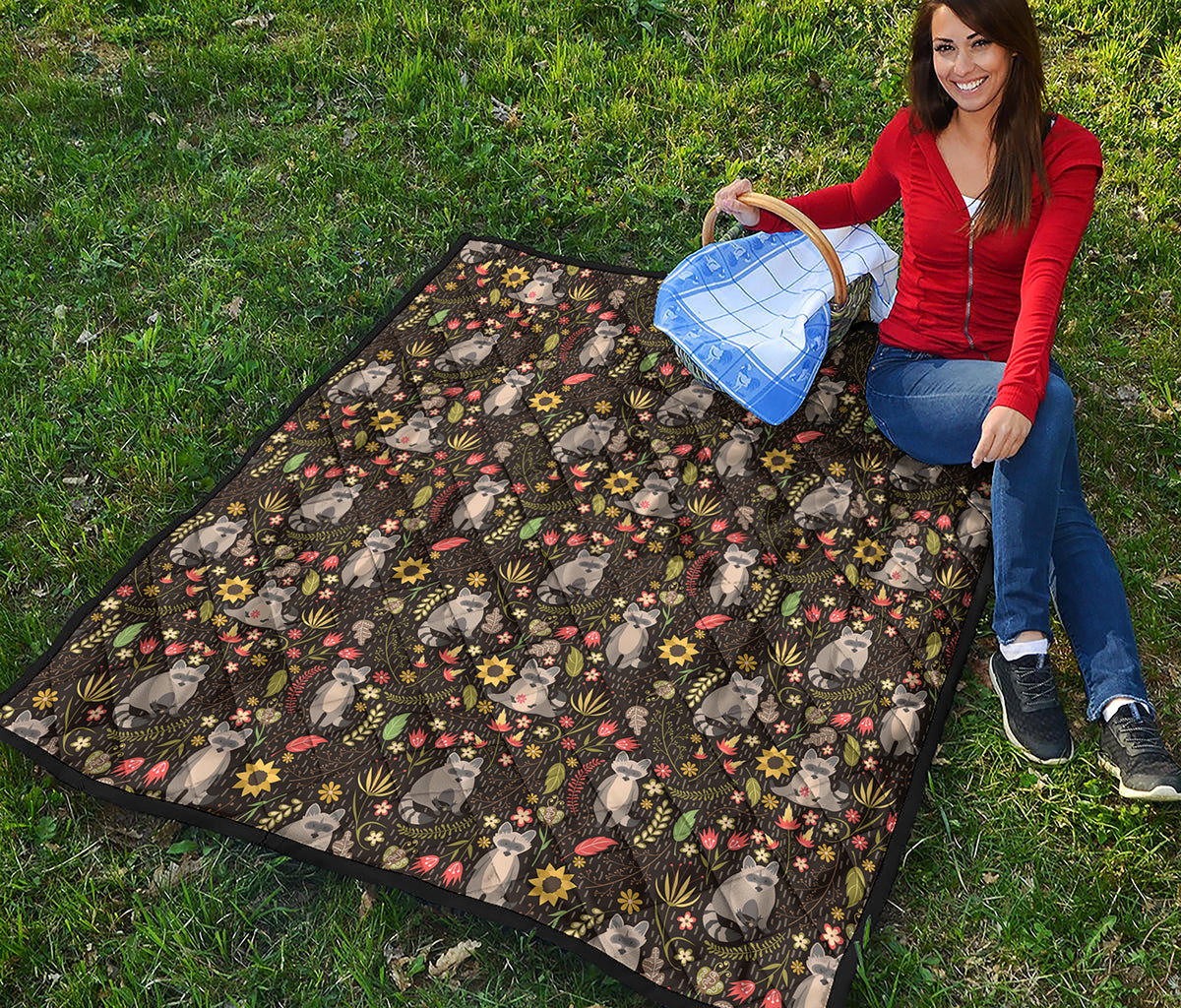 Raccoon And Floral Pattern Print Quilt