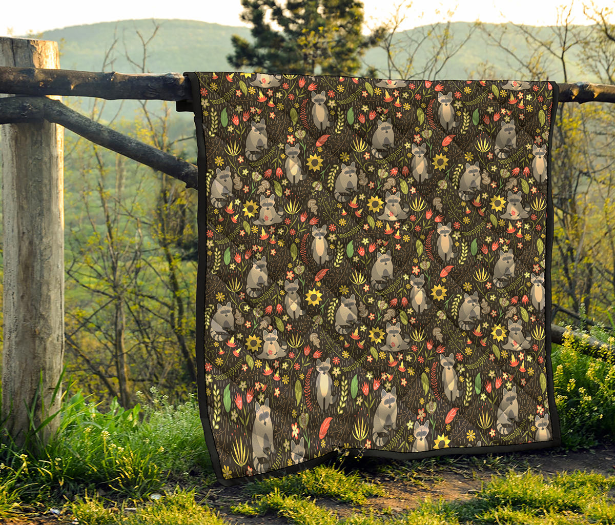 Raccoon And Floral Pattern Print Quilt