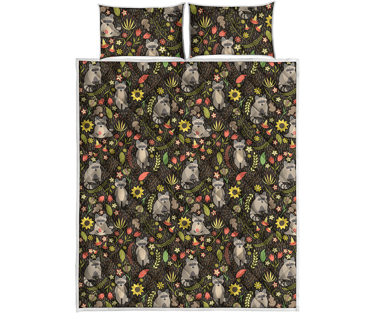 Raccoon And Floral Pattern Print Quilt Bed Set