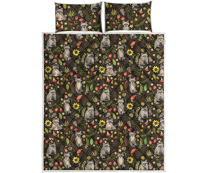 Raccoon And Floral Pattern Print Quilt Bed Set