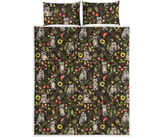 Raccoon And Floral Pattern Print Quilt Bed Set