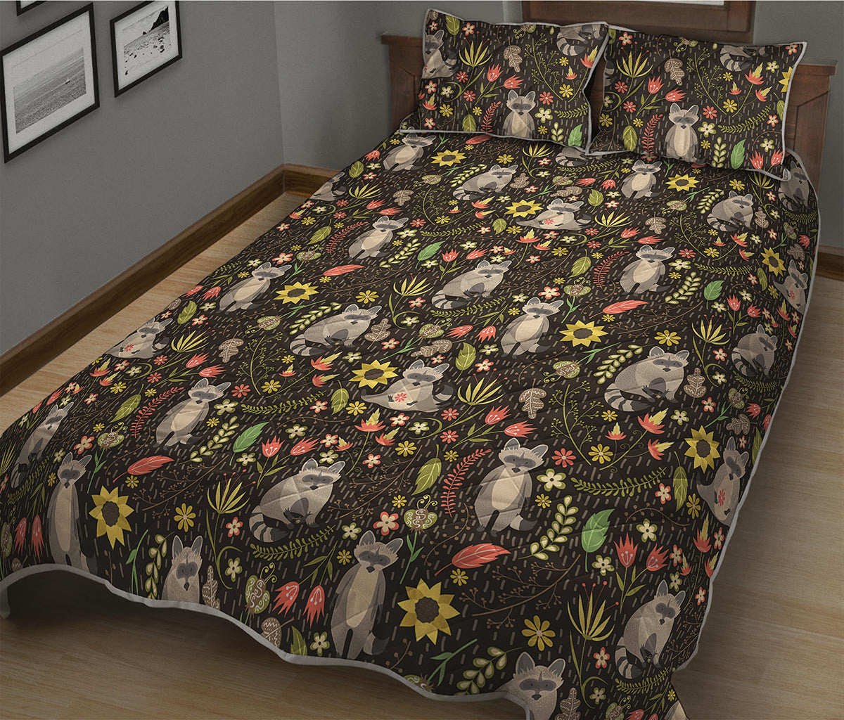 Raccoon And Floral Pattern Print Quilt Bed Set