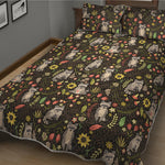 Raccoon And Floral Pattern Print Quilt Bed Set