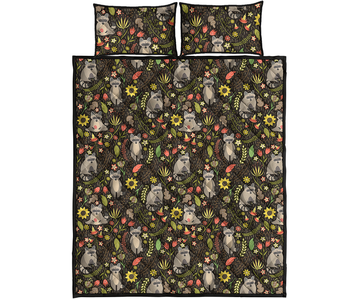 Raccoon And Floral Pattern Print Quilt Bed Set