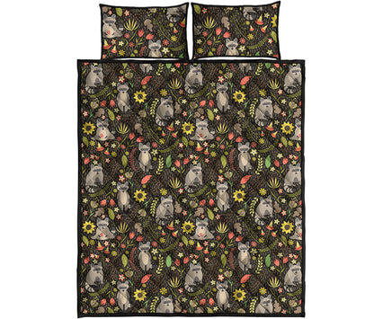 Raccoon And Floral Pattern Print Quilt Bed Set