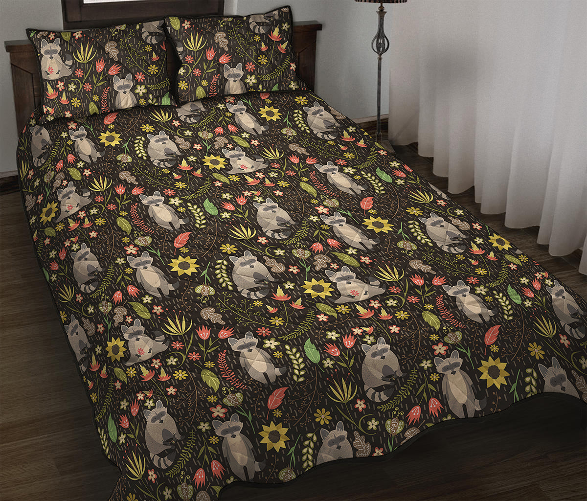Raccoon And Floral Pattern Print Quilt Bed Set