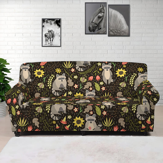 Raccoon And Floral Pattern Print Sofa Cover