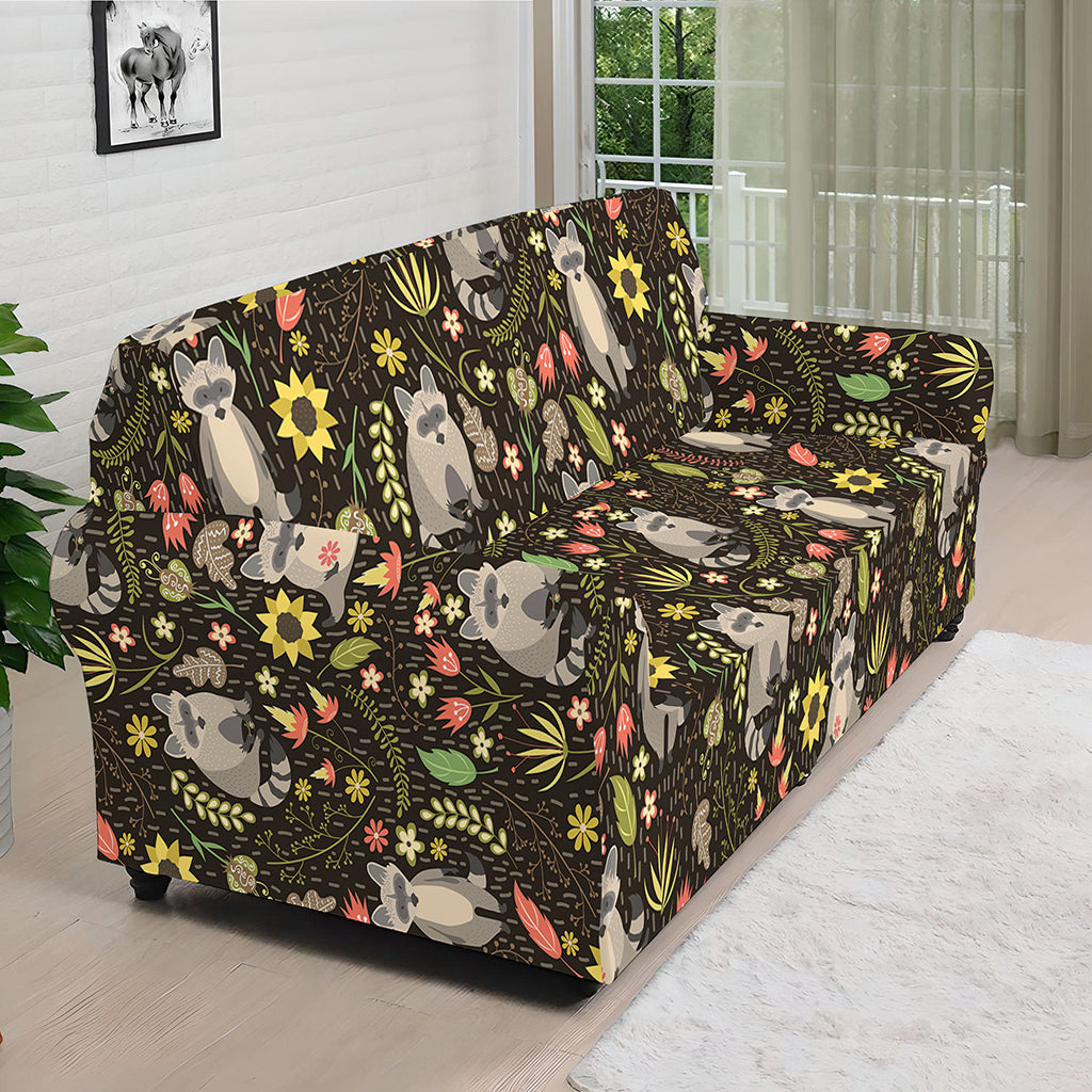 Raccoon And Floral Pattern Print Sofa Cover