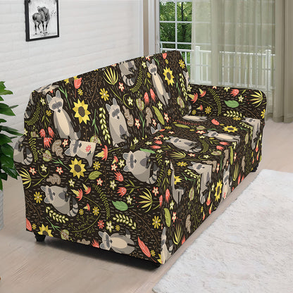 Raccoon And Floral Pattern Print Sofa Cover