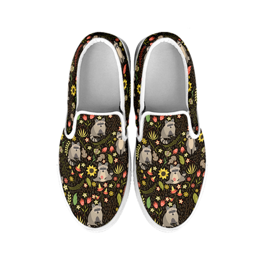 Raccoon And Floral Pattern Print White Slip On Shoes