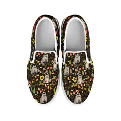 Raccoon And Floral Pattern Print White Slip On Shoes