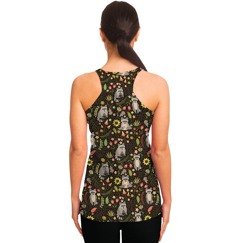 Raccoon And Floral Pattern Print Women's Racerback Tank Top
