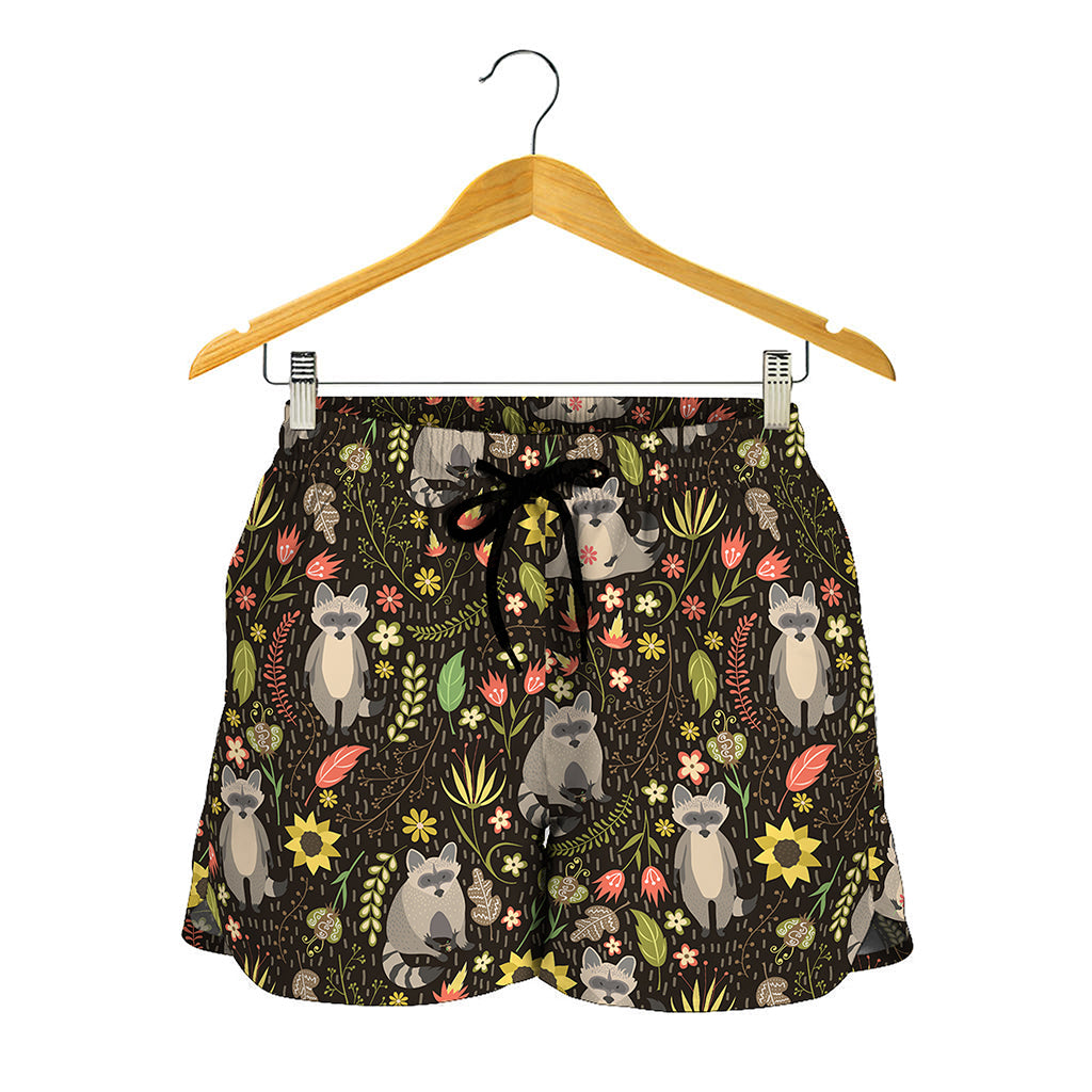 Raccoon And Floral Pattern Print Women's Shorts