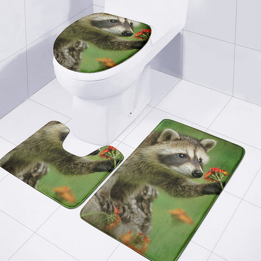 Raccoon And Flower Print 3 Piece Bath Mat Set
