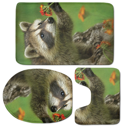 Raccoon And Flower Print 3 Piece Bath Mat Set