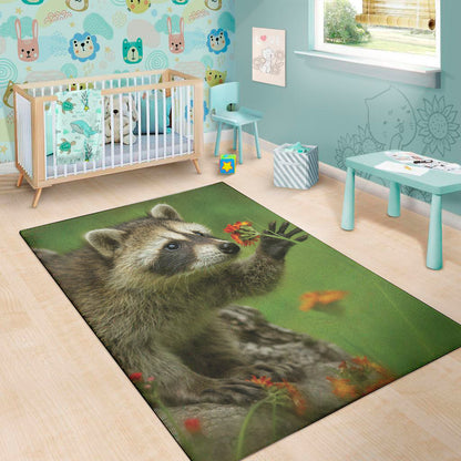 Raccoon And Flower Print Area Rug
