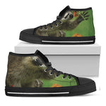 Raccoon And Flower Print Black High Top Shoes