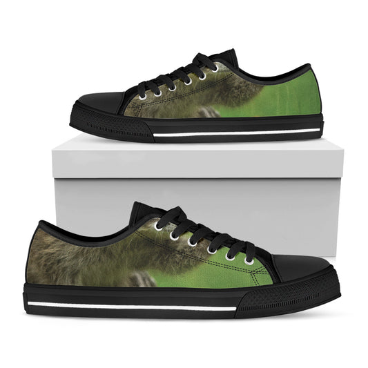 Raccoon And Flower Print Black Low Top Shoes