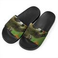 Raccoon And Flower Print Black Slide Sandals