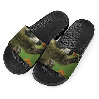 Raccoon And Flower Print Black Slide Sandals