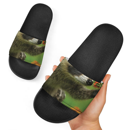 Raccoon And Flower Print Black Slide Sandals