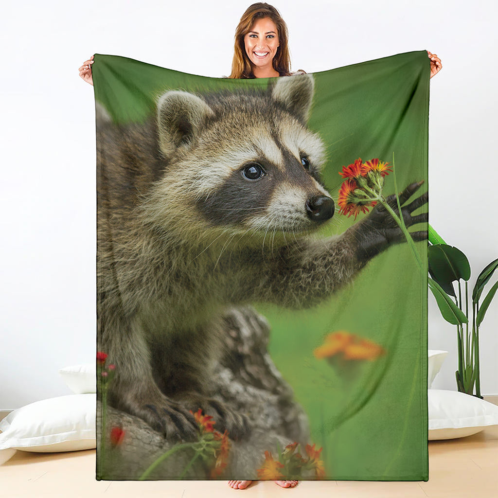 Raccoon And Flower Print Blanket