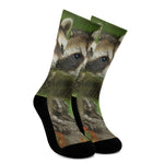 Raccoon And Flower Print Crew Socks