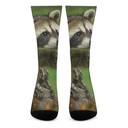 Raccoon And Flower Print Crew Socks