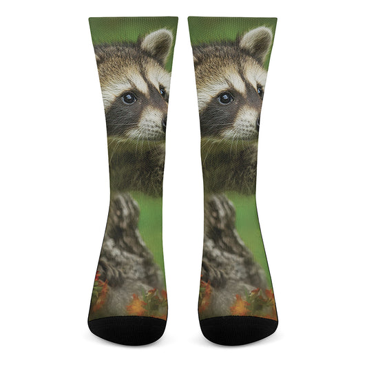 Raccoon And Flower Print Crew Socks