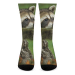 Raccoon And Flower Print Crew Socks