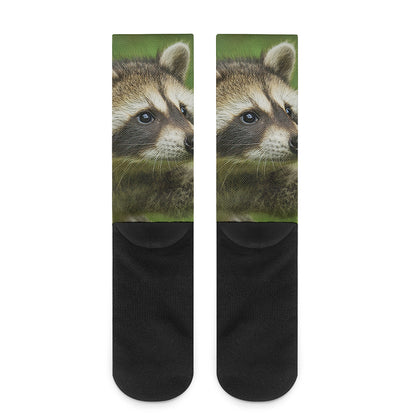 Raccoon And Flower Print Crew Socks