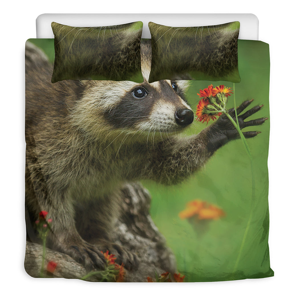 Raccoon And Flower Print Duvet Cover Bedding Set