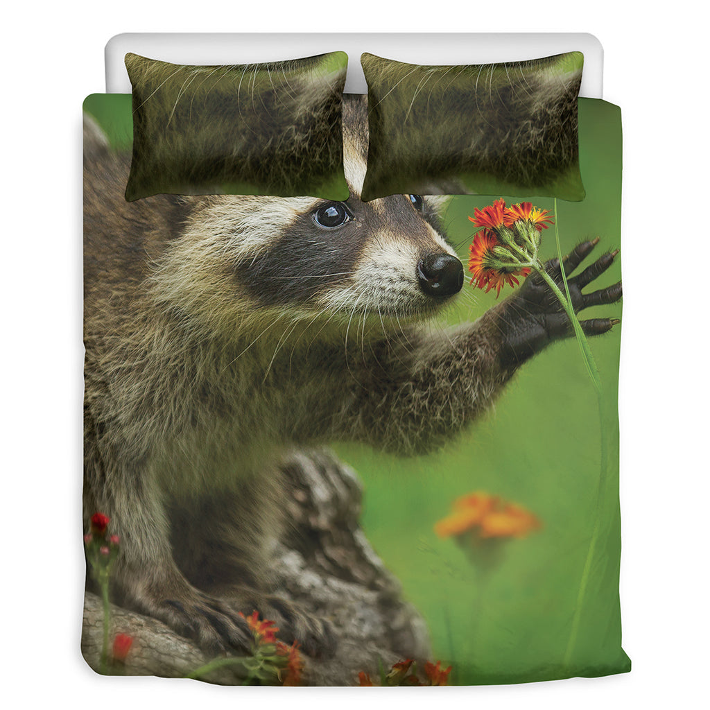 Raccoon And Flower Print Duvet Cover Bedding Set
