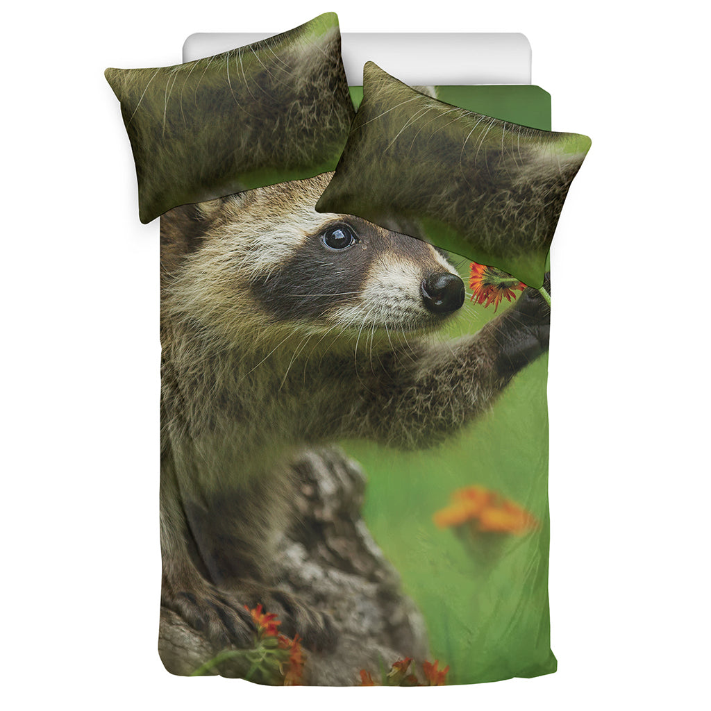 Raccoon And Flower Print Duvet Cover Bedding Set
