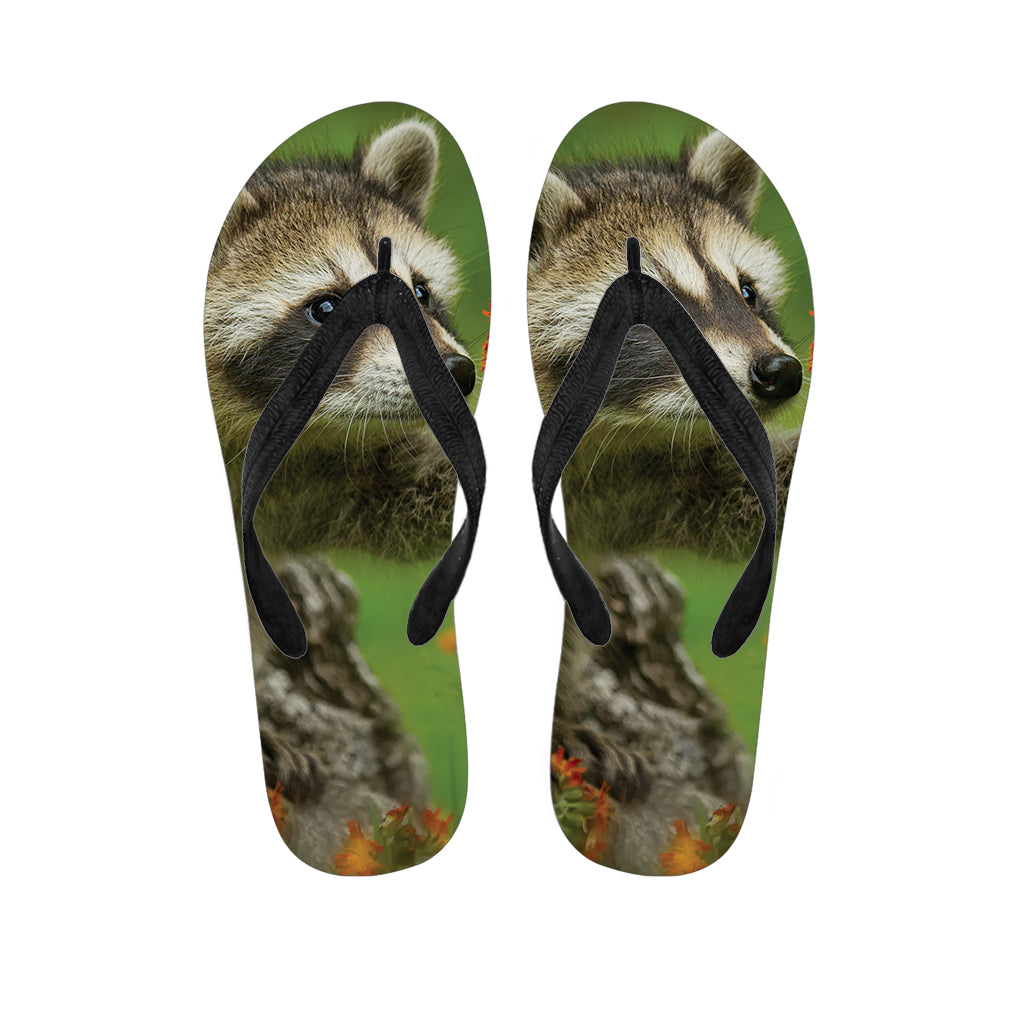 Raccoon And Flower Print Flip Flops