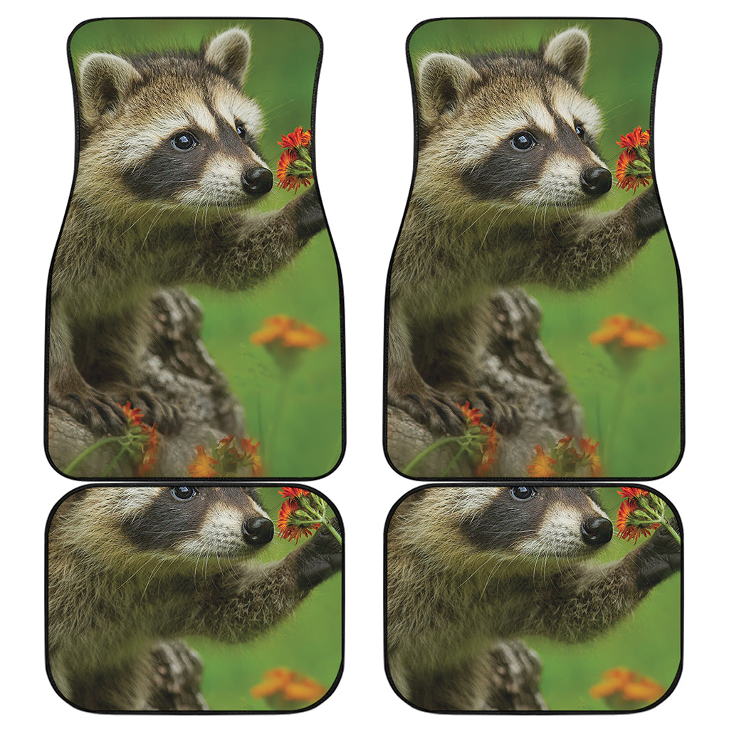 Raccoon And Flower Print Front and Back Car Floor Mats