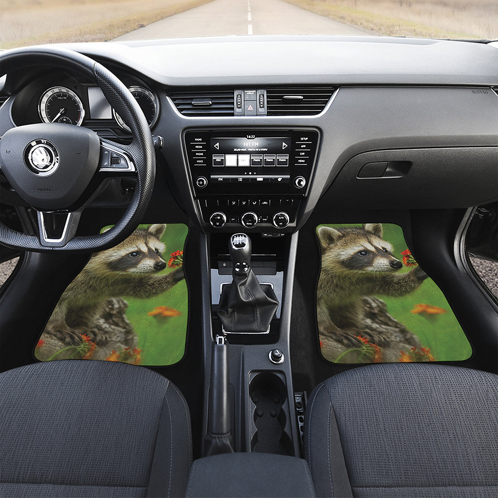 Raccoon And Flower Print Front and Back Car Floor Mats