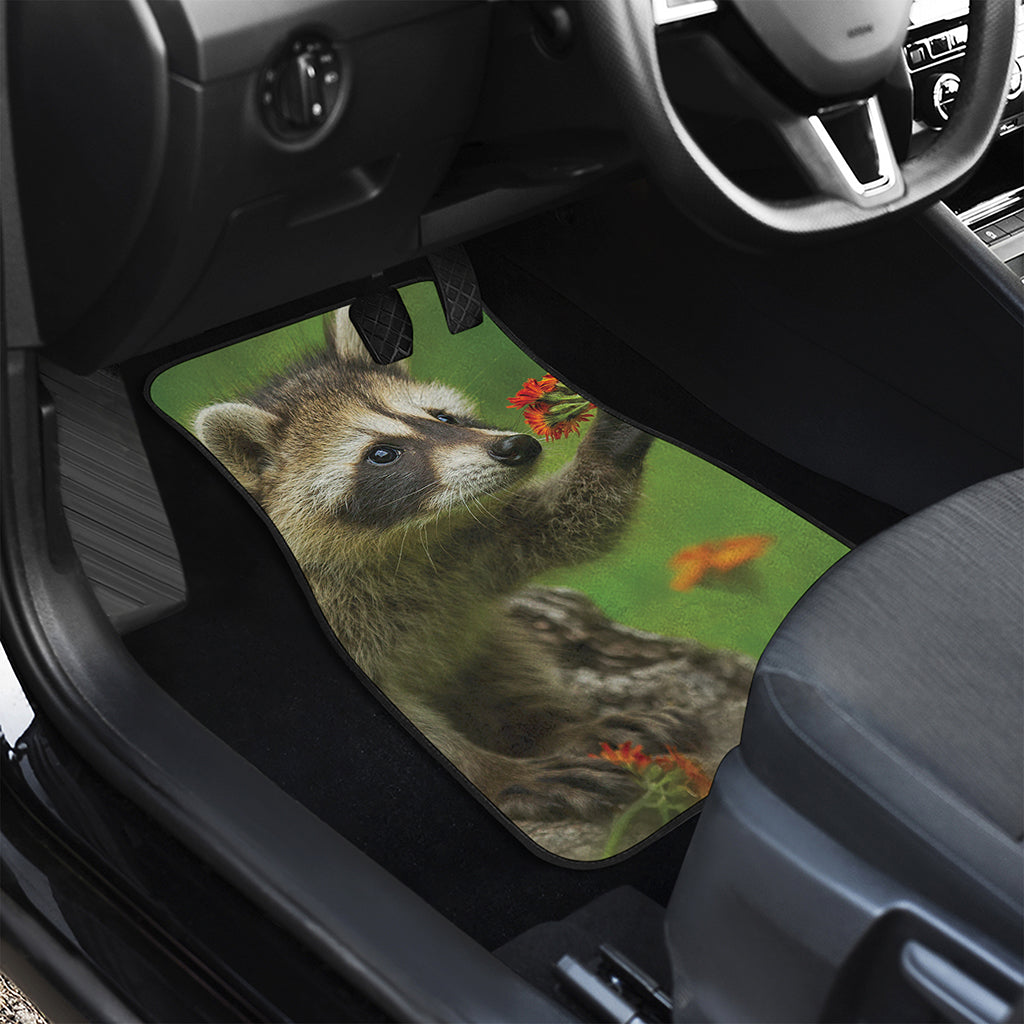 Raccoon And Flower Print Front and Back Car Floor Mats