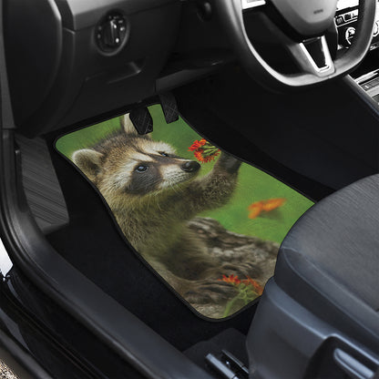 Raccoon And Flower Print Front and Back Car Floor Mats