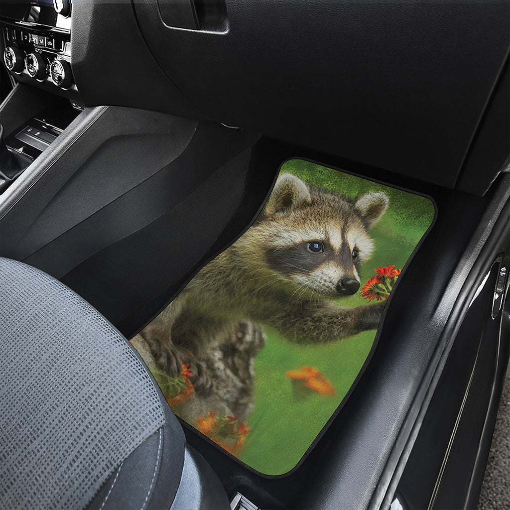 Raccoon And Flower Print Front and Back Car Floor Mats