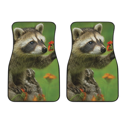 Raccoon And Flower Print Front Car Floor Mats
