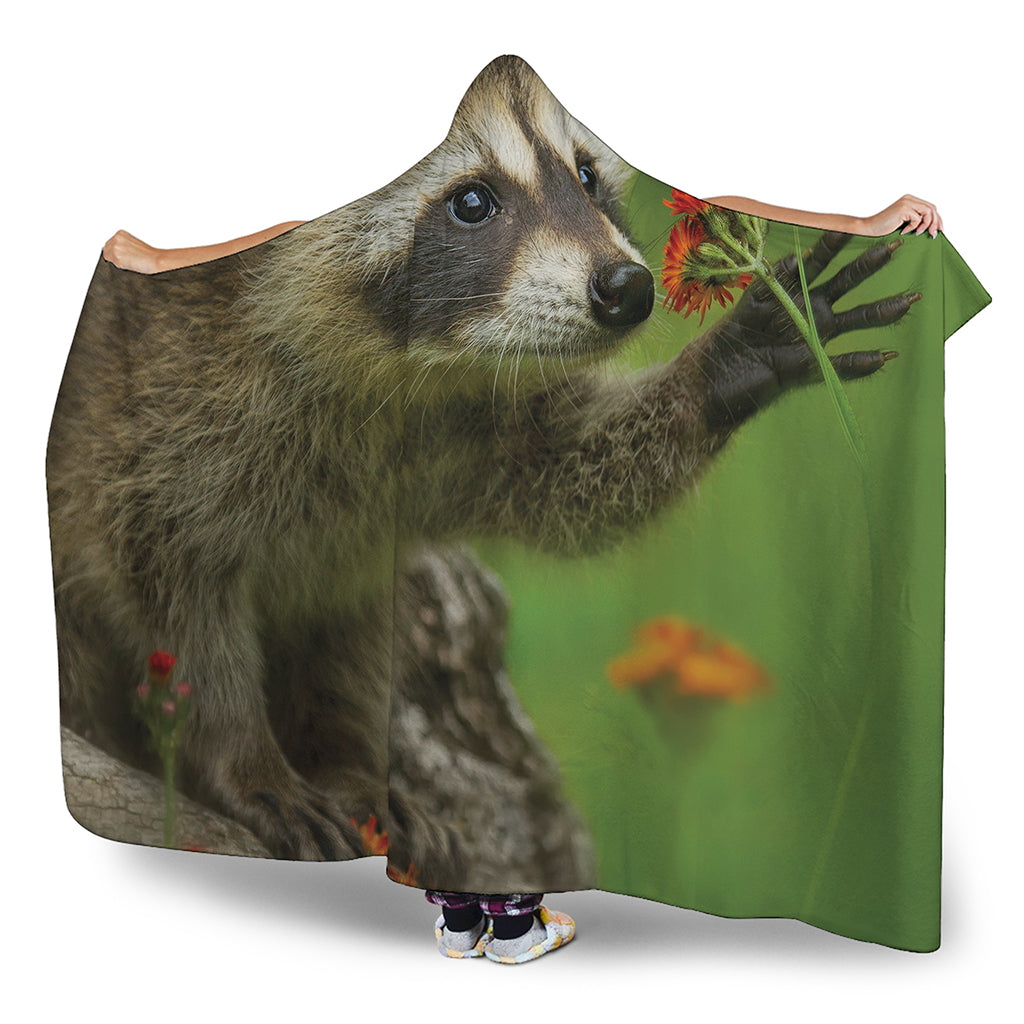 Raccoon And Flower Print Hooded Blanket