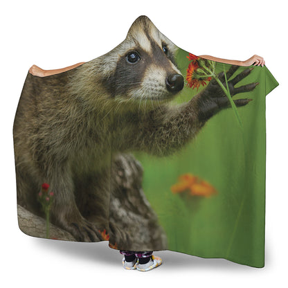 Raccoon And Flower Print Hooded Blanket