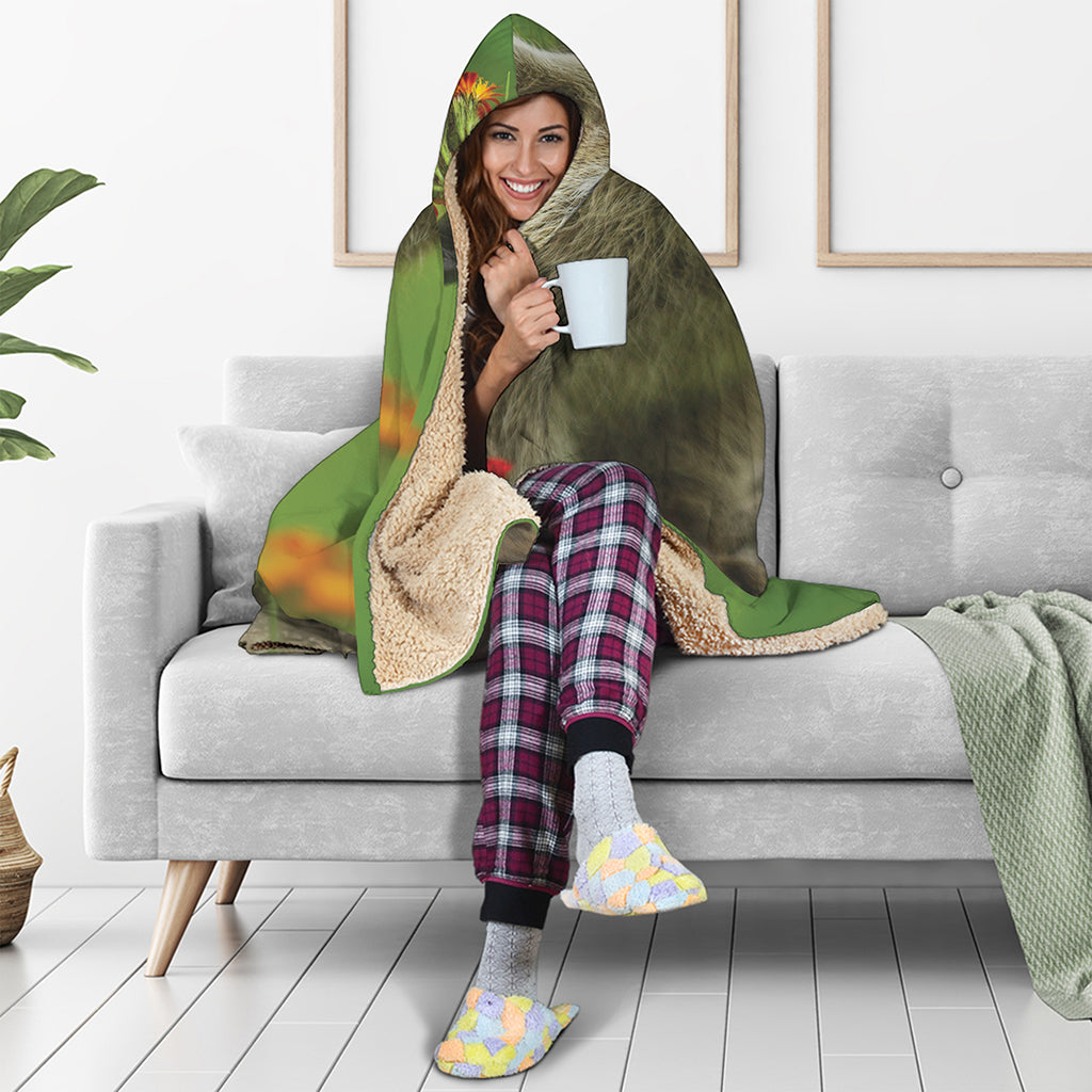 Raccoon And Flower Print Hooded Blanket