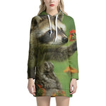 Raccoon And Flower Print Hoodie Dress