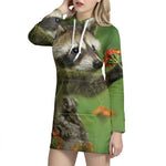 Raccoon And Flower Print Hoodie Dress