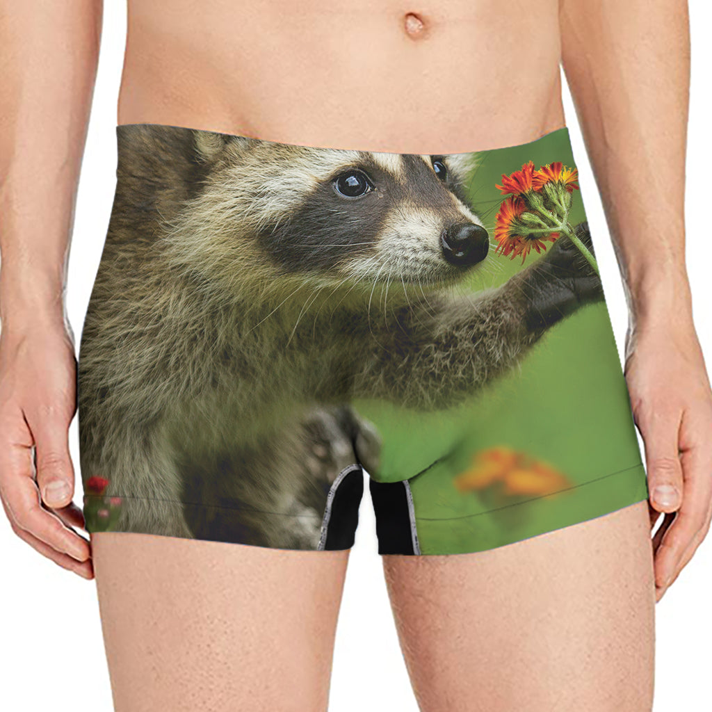 Raccoon And Flower Print Men's Boxer Briefs