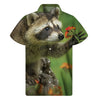 Raccoon And Flower Print Men's Short Sleeve Shirt