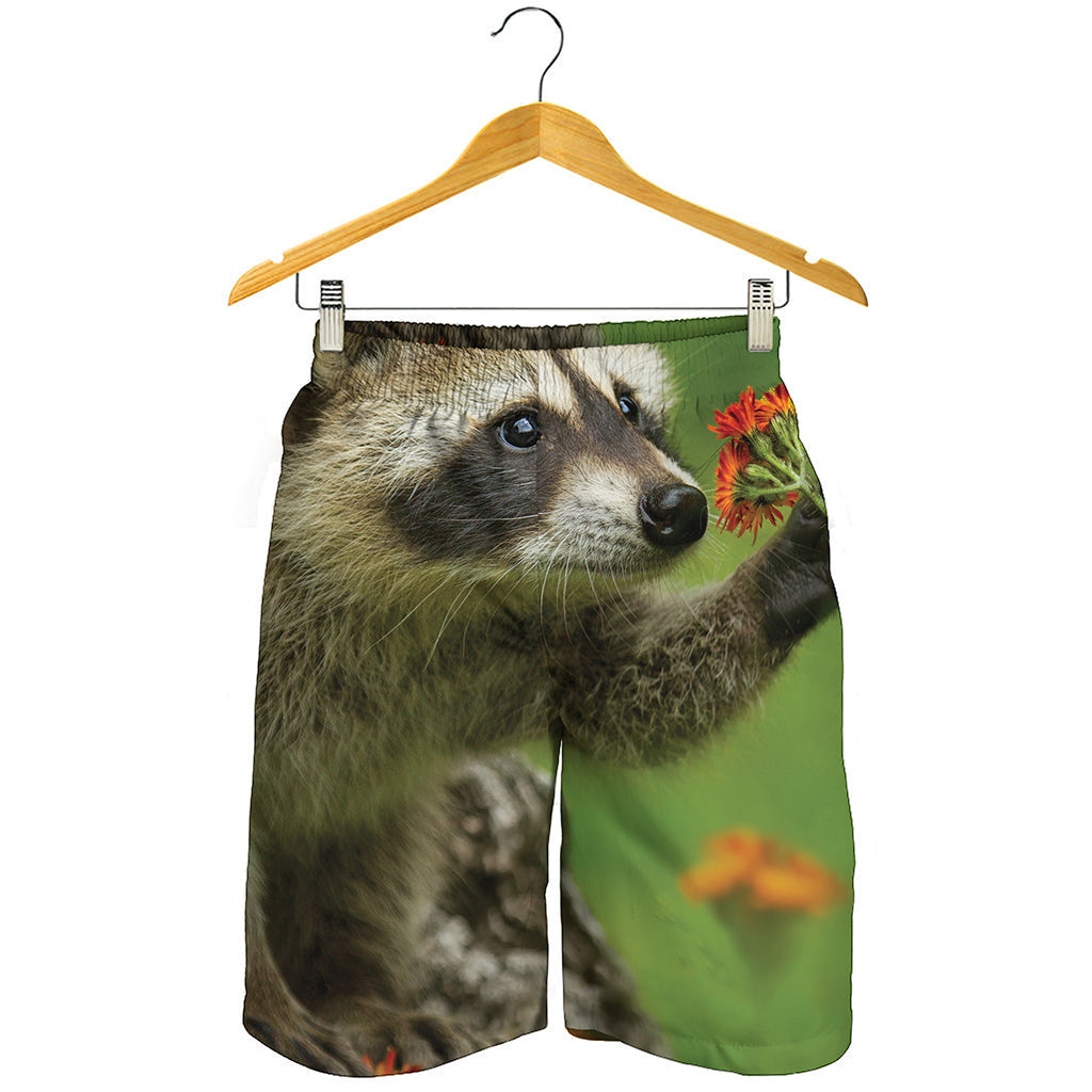 Raccoon And Flower Print Men's Shorts