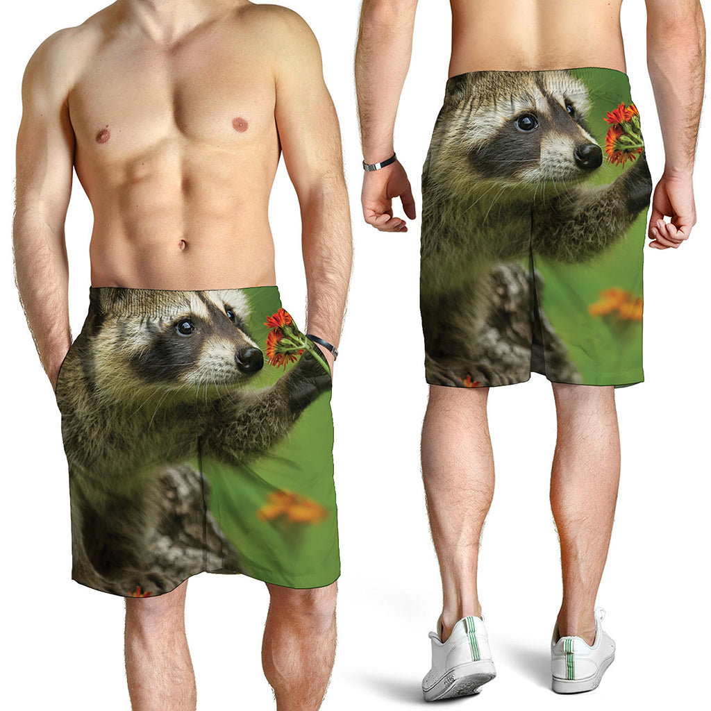 Raccoon And Flower Print Men's Shorts